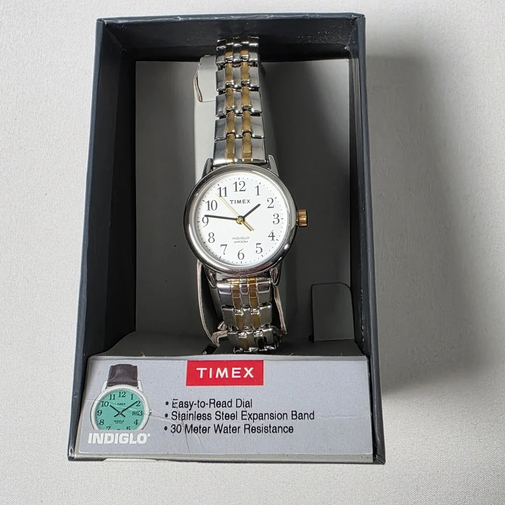 Timex Easy Reader Watch Womens Small Silver Gold Two Tone Indiglo T2P298 Stretch